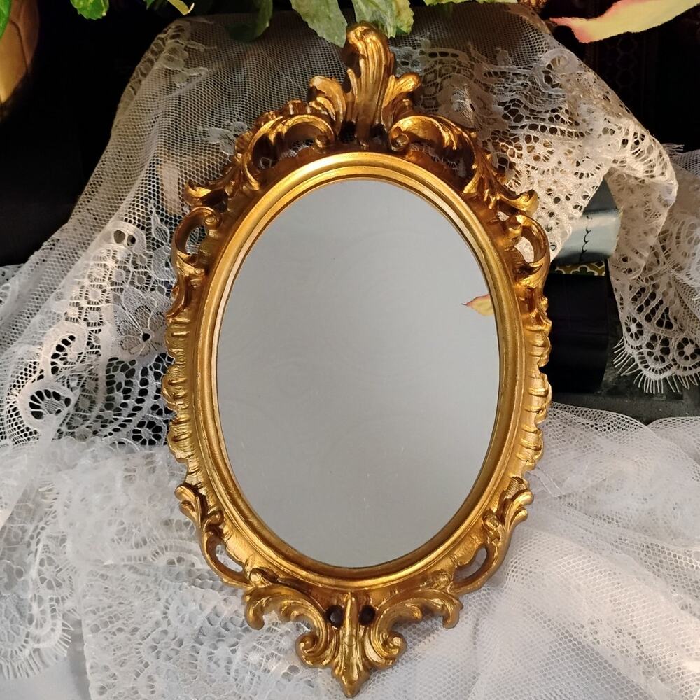 11" Ornate Mid Century Italian Florentine Handmade Gold Gilt Hanging Wall Mirror
